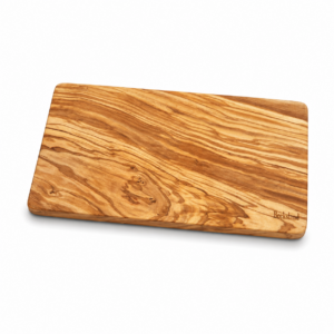 Natural olive wood cutting board with unique grain pattern for kitchen prep and serving